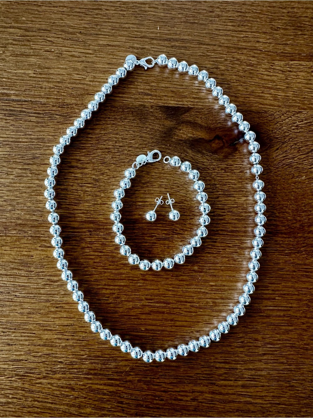 Silver Beaded Necklace, Bracelet, and Earrings Set, 8mm Bead. NEW